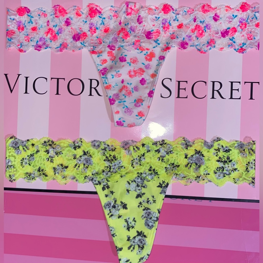 2 Victoria’s Secret PINK Thong Panties PINK lace panties bundle neon floral lace